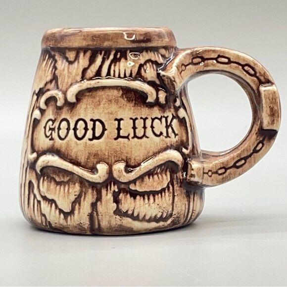 Vintage Brown Good Luck Ceramic Mug Horseshoe 1970s Florida Hand painted - Picture 3 of 15